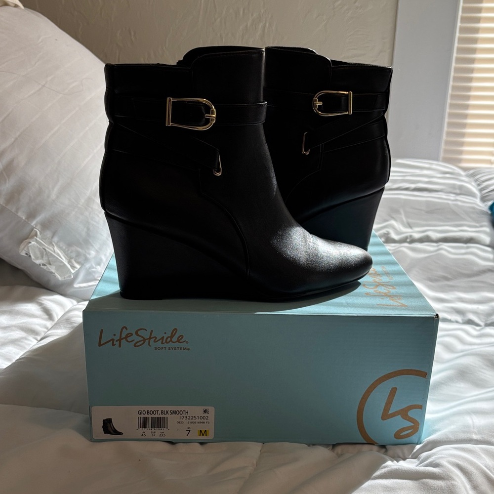 Life Stride Black Wedge Ankle Boots with Gold Buckle- NIB